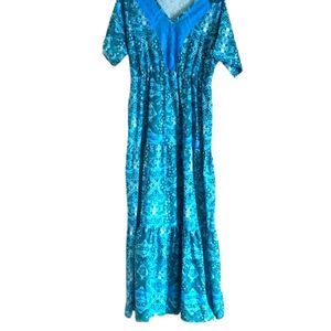 Misslook sz 3XL green and blue maxi dress tropical tribal print V neck